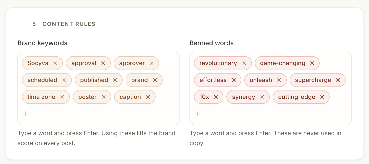 The content rules section of Socyva's brand setup. Two lists of chips side by side: brand keywords — Socyva, approval, approver, scheduled, published, brand, time zone, poster, caption — and banned words — revolutionary, game-changing, effortless, unleash, supercharge, 10x, synergy, cutting-edge.