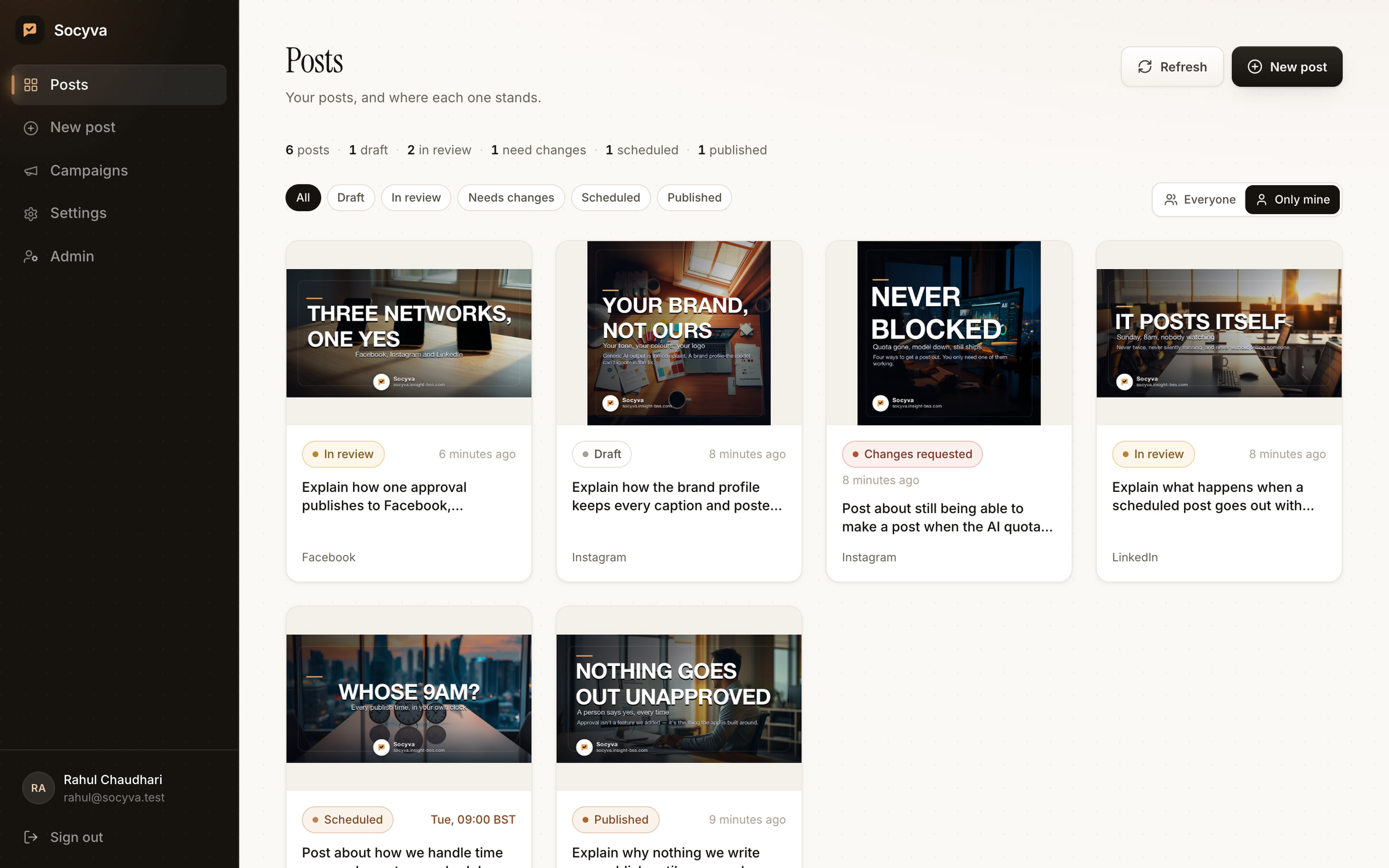 The Socyva posts screen, showing six posts with their poster thumbnails and status: one draft, two in review, one needing changes, one scheduled and one published. A toggle switches between everyone's posts and only your own.