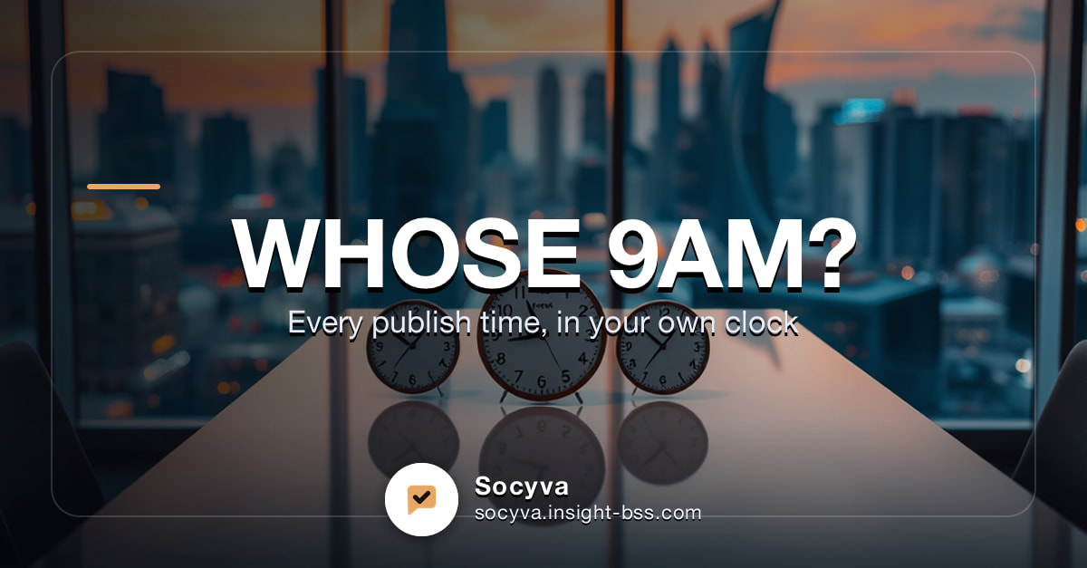 A LinkedIn post made by Socyva. The headline reads Whose 9am, with the line Every publish time, in your own clock, over a photograph of three wall clocks on a boardroom table against a city skyline at dusk.