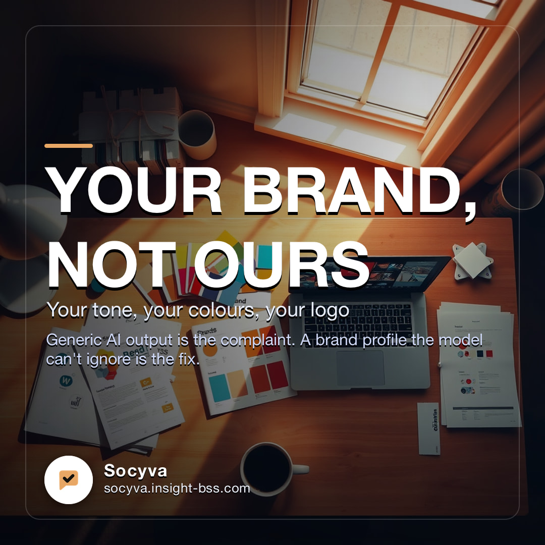An Instagram post made by Socyva. The headline reads Your Brand, Not Ours, with the line Your tone, your colours, your logo, over a photograph looking down on a designer's desk covered in colour swatches and a printed style guide.